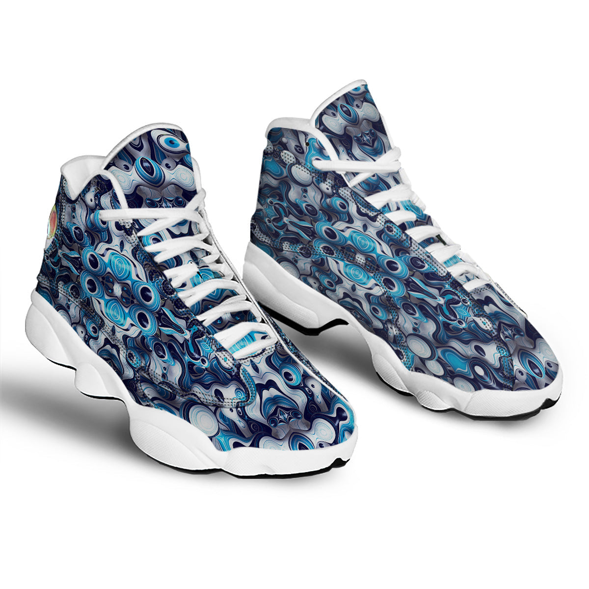 Abstract Wavy Bubbles Blue White Print Pattern White Basketball Shoes-grizzshop