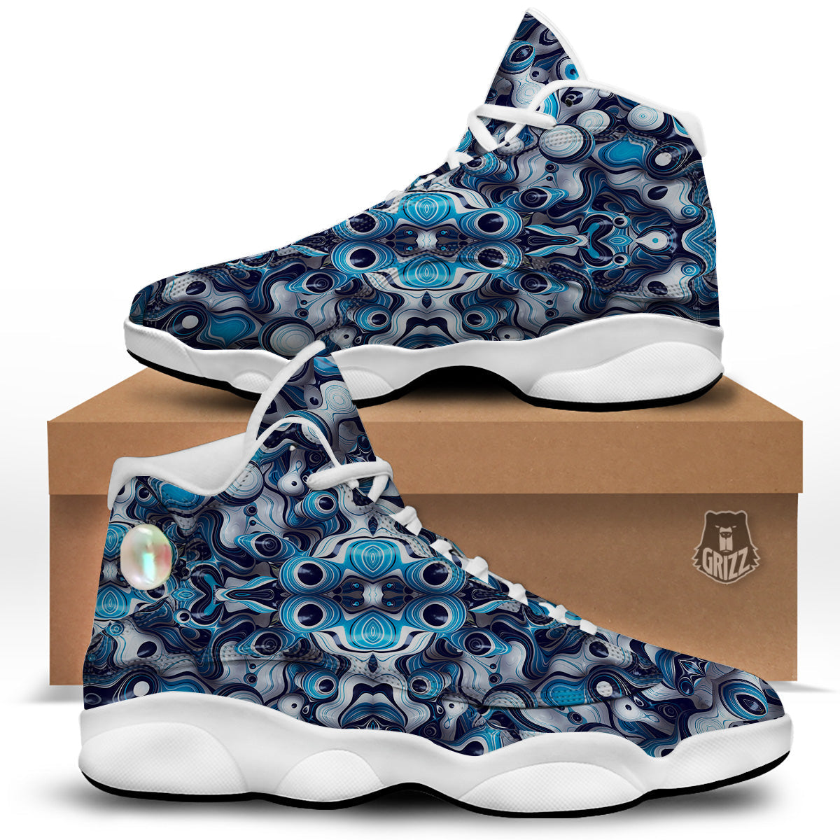 Abstract Wavy Bubbles Blue White Print Pattern White Basketball Shoes-grizzshop