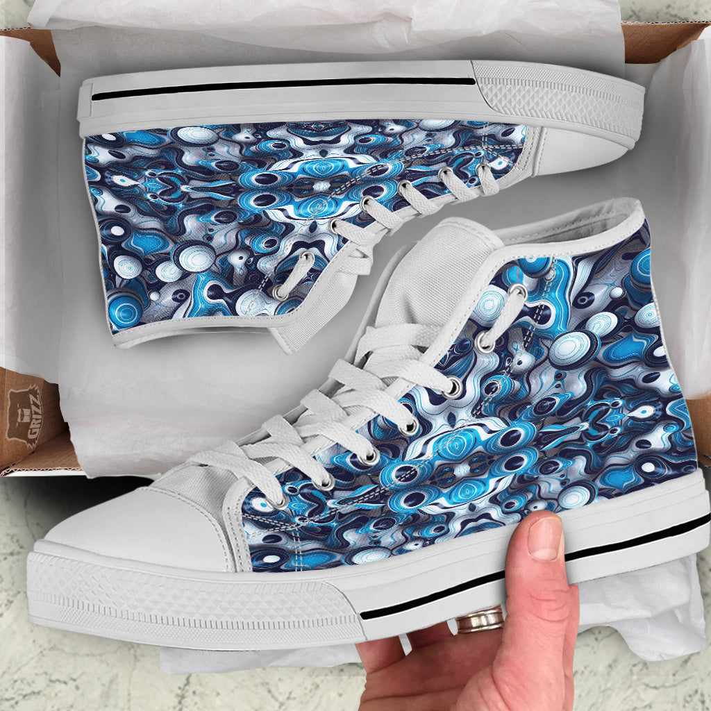 Abstract Wavy Bubbles Blue White Print Pattern White High Top Shoes-grizzshop