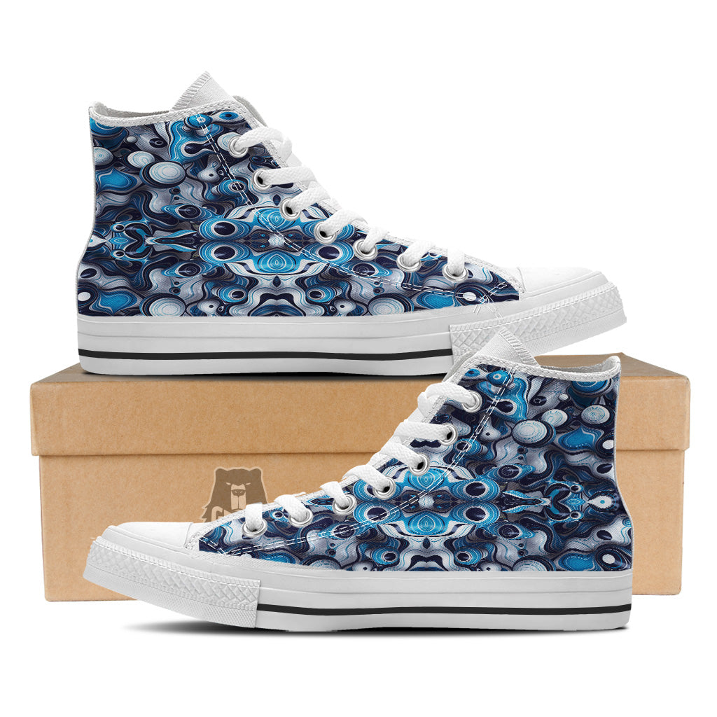 Abstract Wavy Bubbles Blue White Print Pattern White High Top Shoes-grizzshop