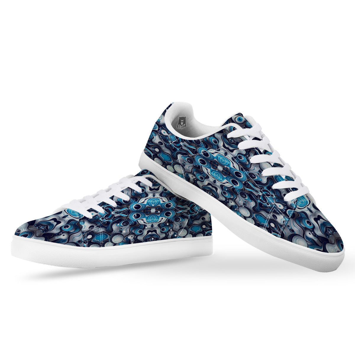 Abstract Wavy Bubbles Blue White Print Pattern White Low Top Sneakers-grizzshop
