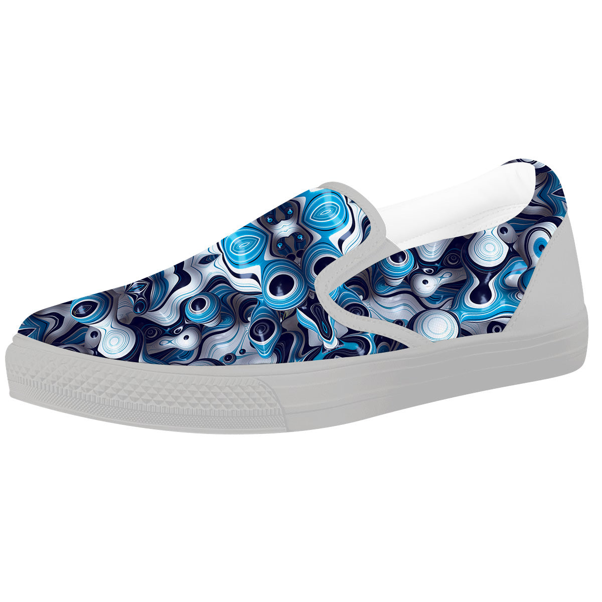 Abstract Wavy Bubbles Blue White Print Pattern White Slip On Shoes-grizzshop