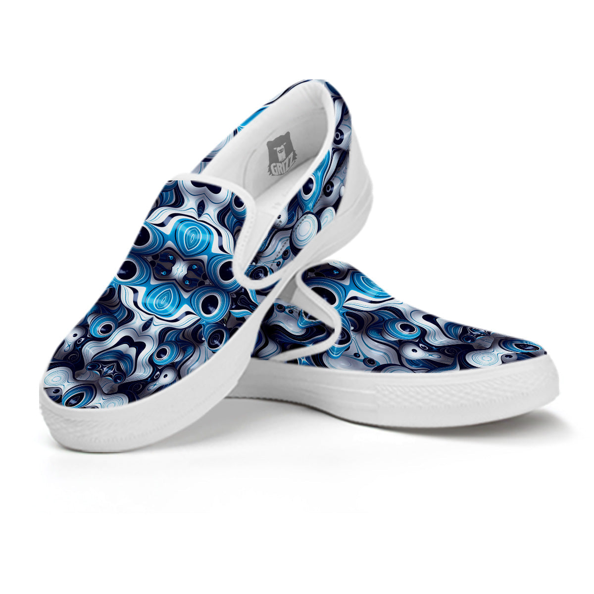Abstract Wavy Bubbles Blue White Print Pattern White Slip On Shoes-grizzshop
