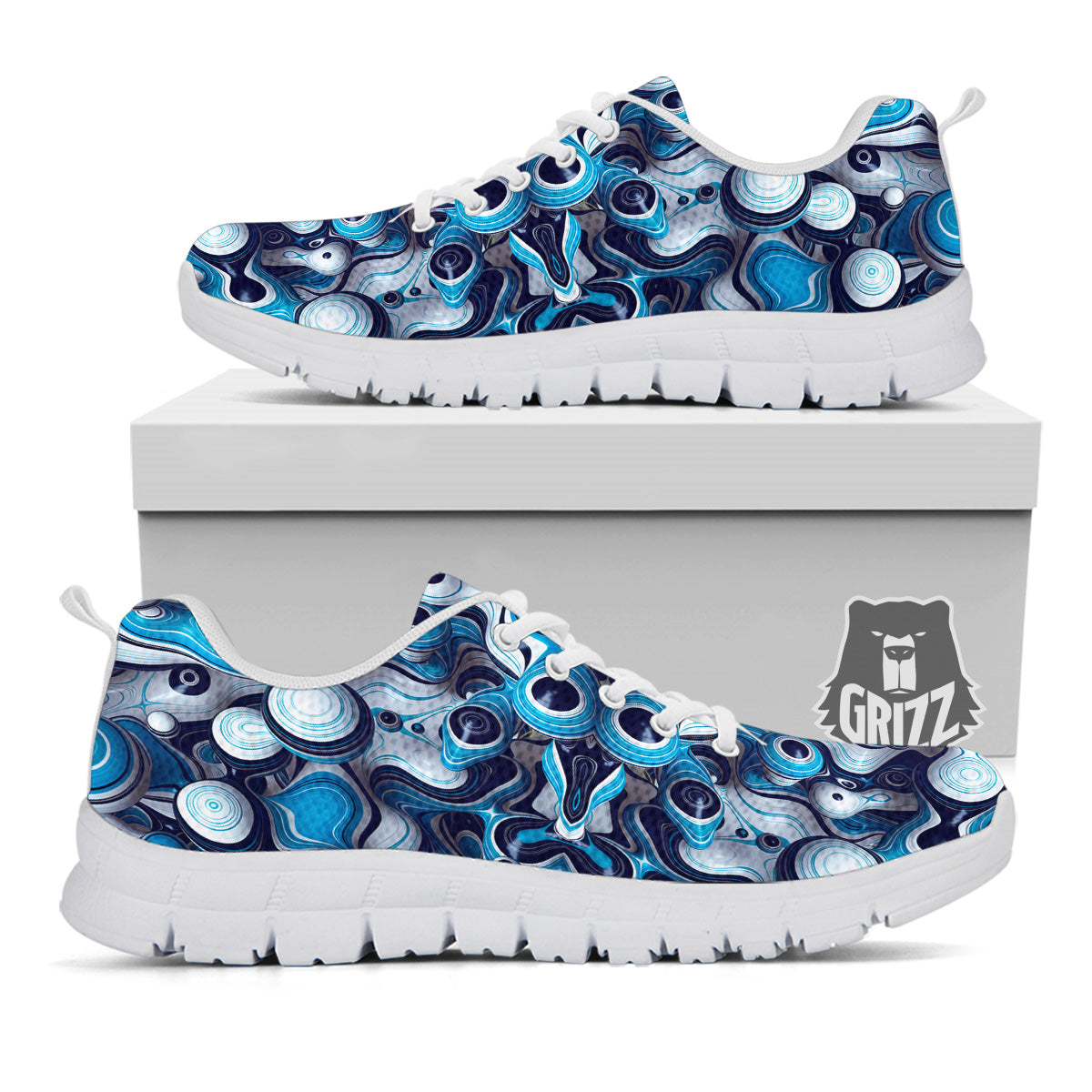 Abstract Wavy Bubbles Blue White Print Pattern White Sneaker-grizzshop