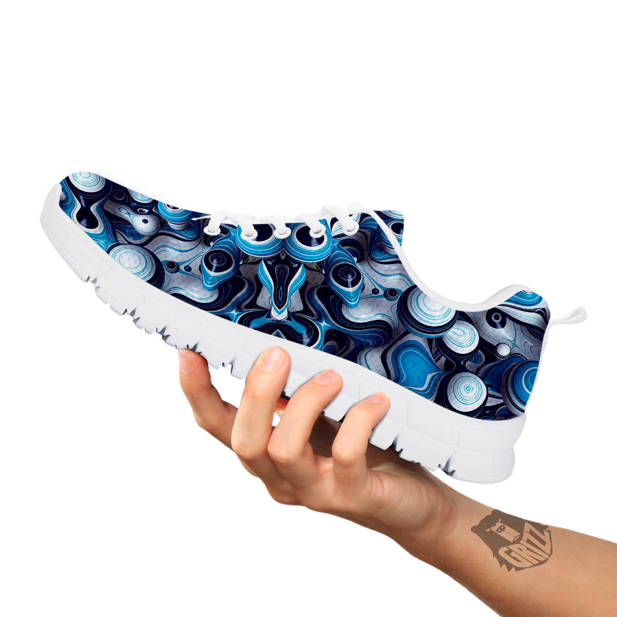 Abstract Wavy Bubbles Blue White Print Pattern White Sneaker-grizzshop