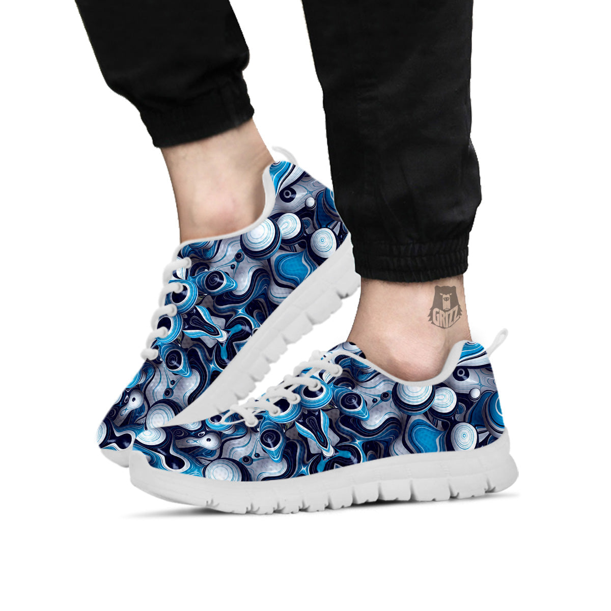 Abstract Wavy Bubbles Blue White Print Pattern White Sneaker-grizzshop