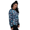 Abstract Wavy Bubbles Blue White Print Pattern Women's Bomber Jacket-grizzshop