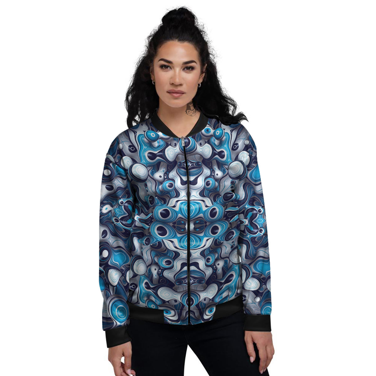 Abstract Wavy Bubbles Blue White Print Pattern Women's Bomber Jacket-grizzshop