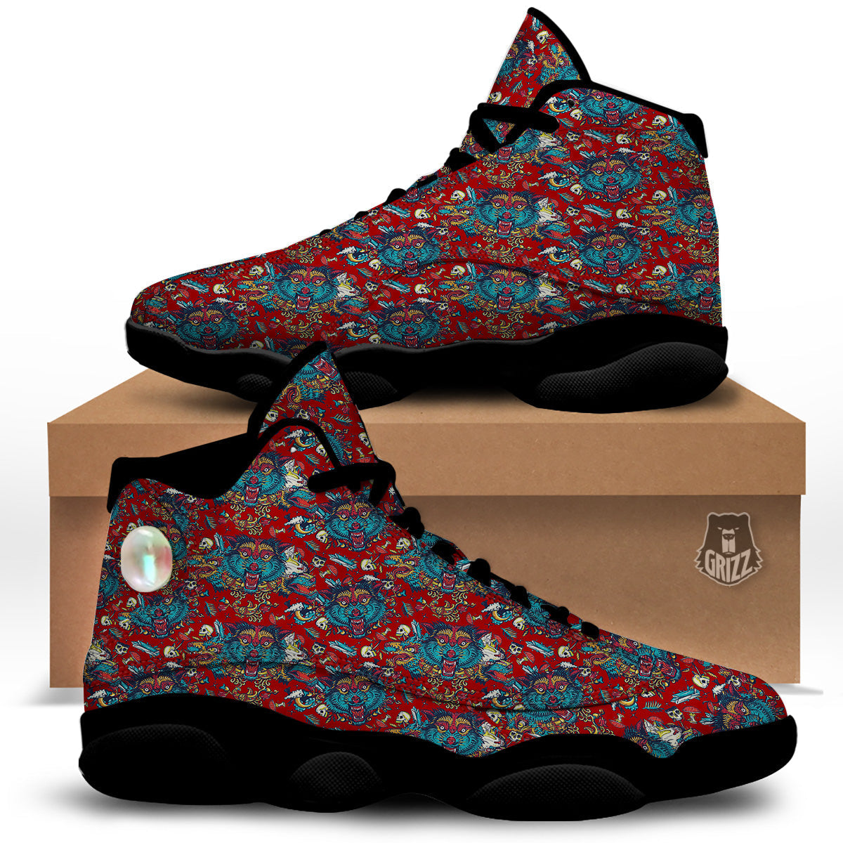 Abstract Wolf Fairy Tale Tattoo Print Pattern Black Basketball Shoes-grizzshop