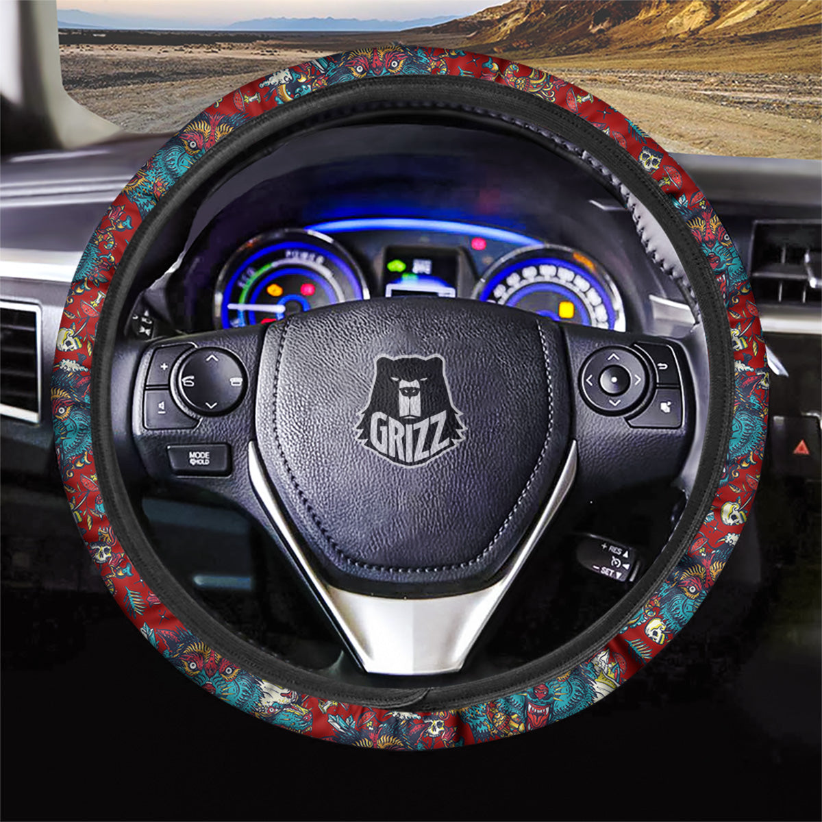 Abstract Wolf Fairy Tale Tattoo Print Pattern Car Steering Wheel Cover-grizzshop