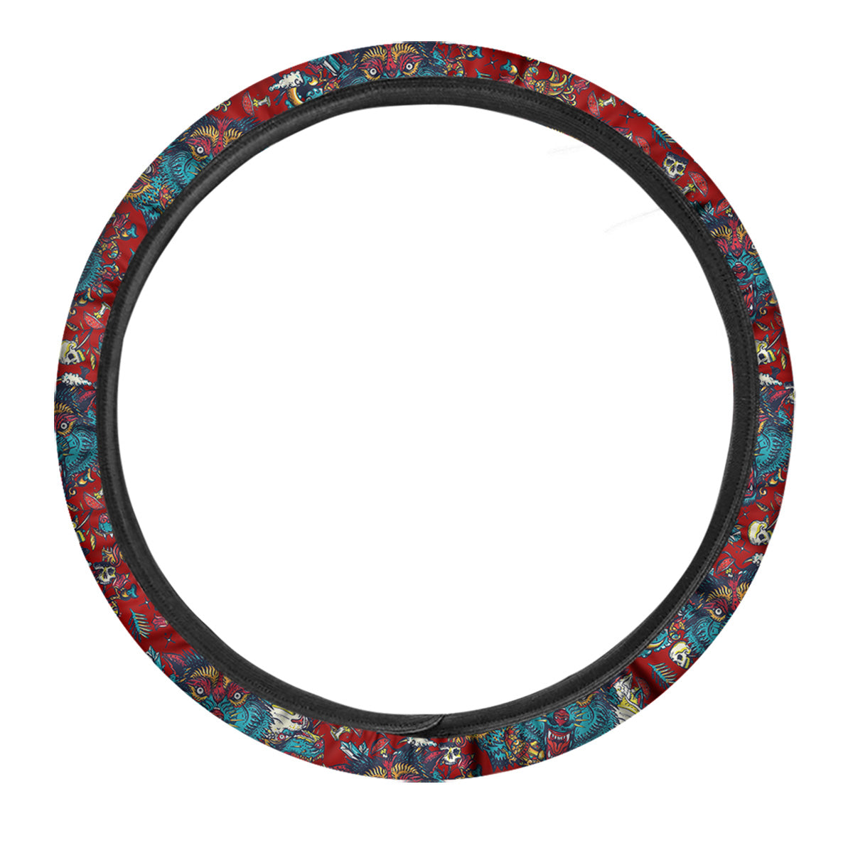 Abstract Wolf Fairy Tale Tattoo Print Pattern Car Steering Wheel Cover-grizzshop