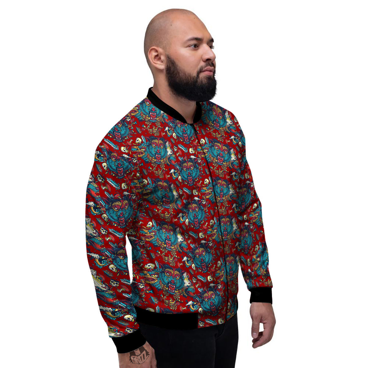 Abstract Wolf Fairy Tale Tattoo Print Pattern Men's Bomber Jacket-grizzshop