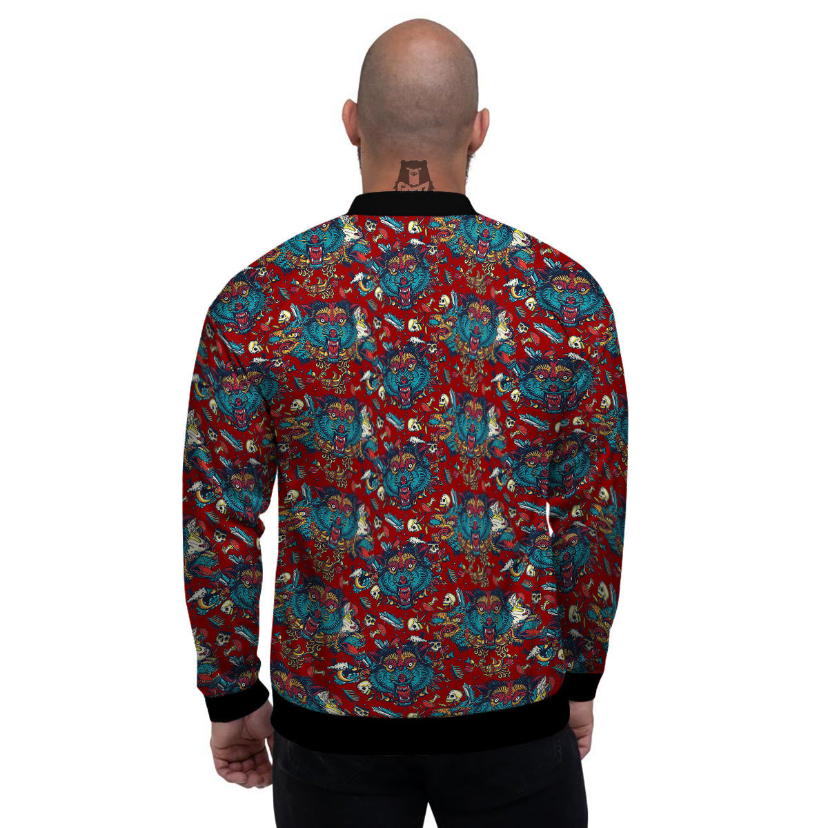 Abstract Wolf Fairy Tale Tattoo Print Pattern Men's Bomber Jacket-grizzshop