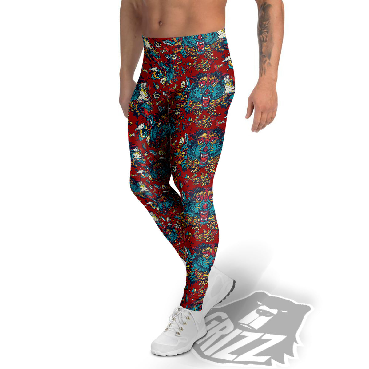 Abstract Wolf Fairy Tale Tattoo Print Pattern Men's Leggings-grizzshop