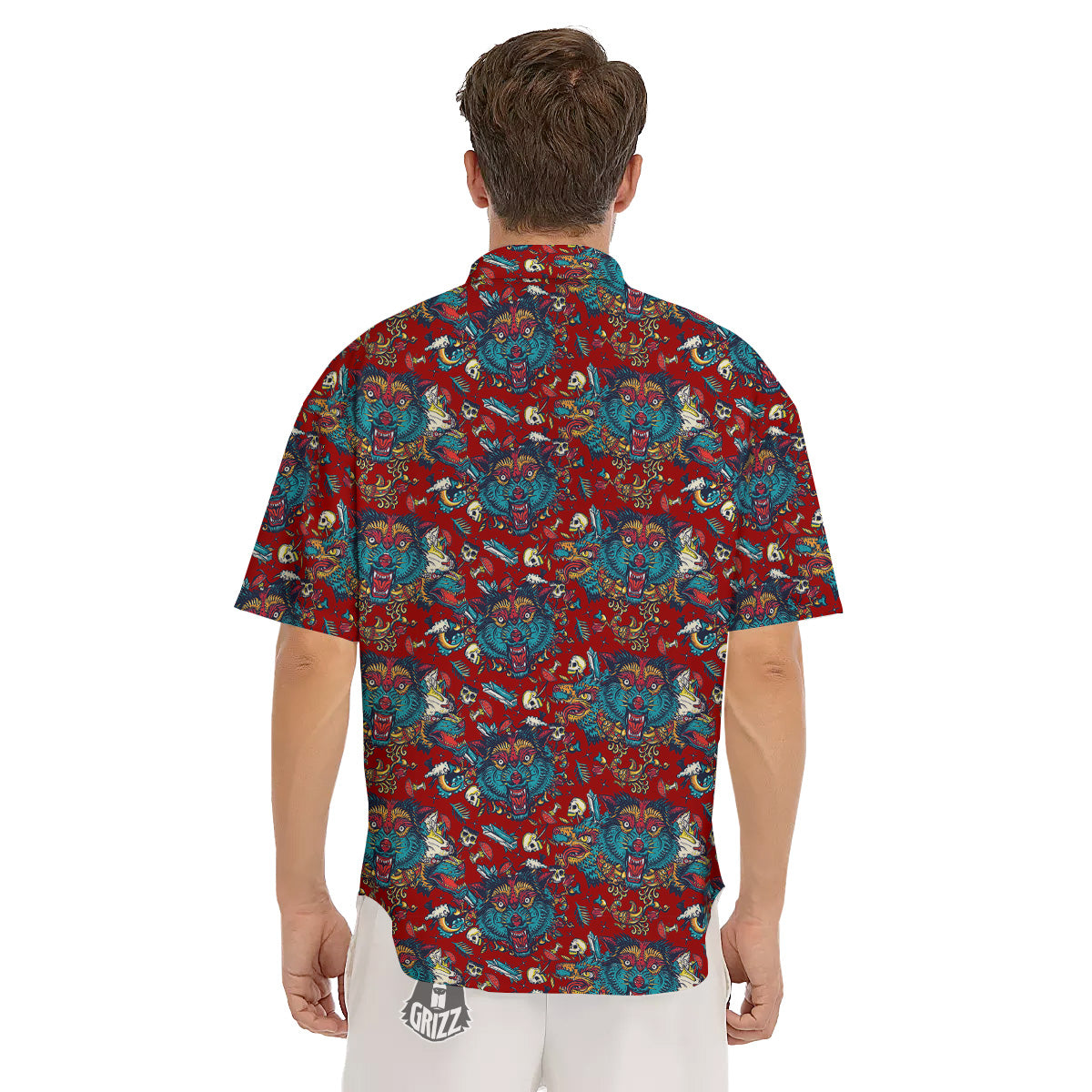 Abstract Wolf Fairy Tale Tattoo Print Pattern Men's Short Sleeve Shirts-grizzshop