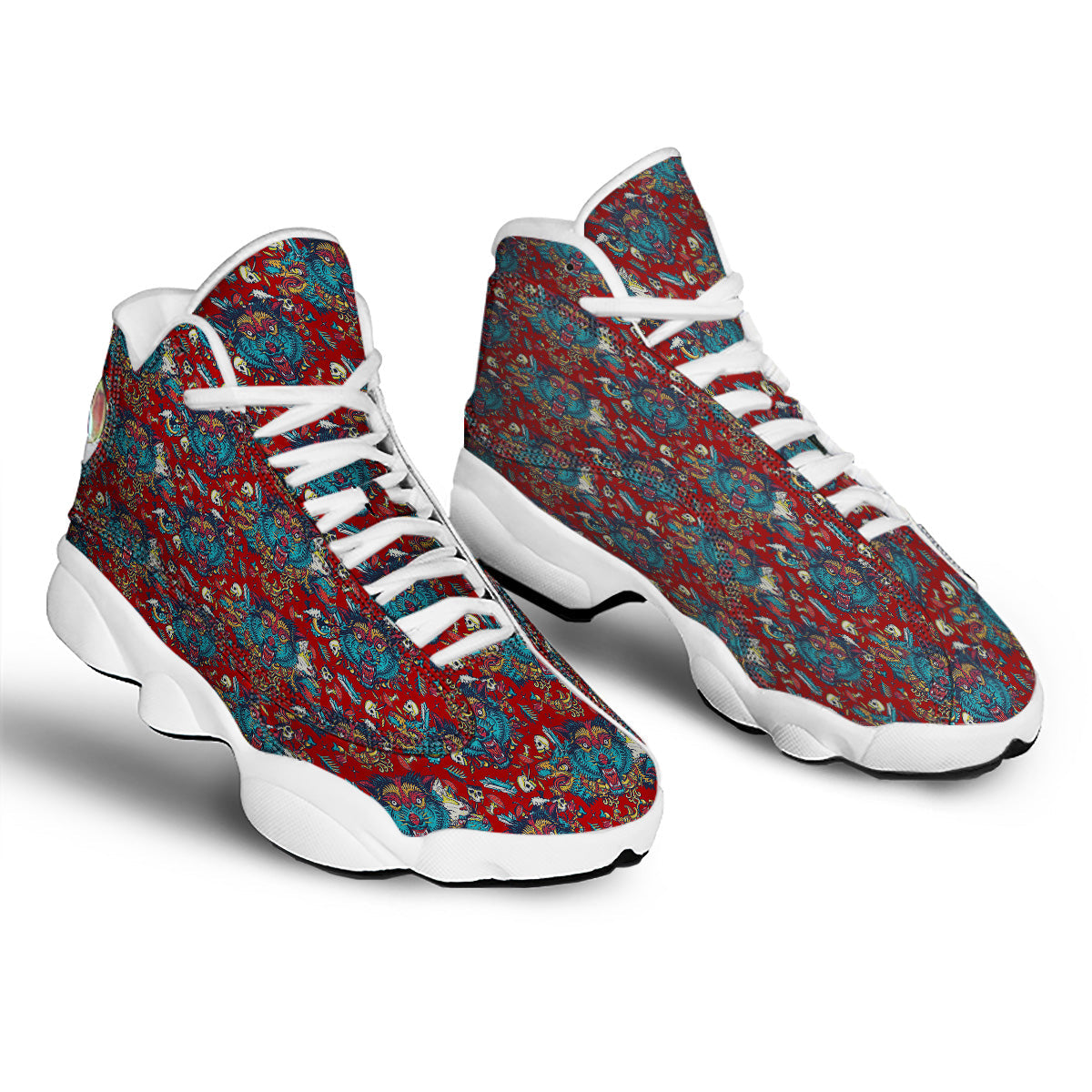 Abstract Wolf Fairy Tale Tattoo Print Pattern White Basketball Shoes-grizzshop