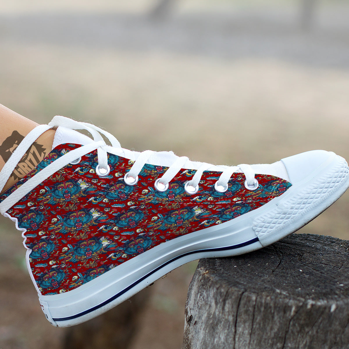 Abstract Wolf Fairy Tale Tattoo Print Pattern White High Top Shoes-grizzshop