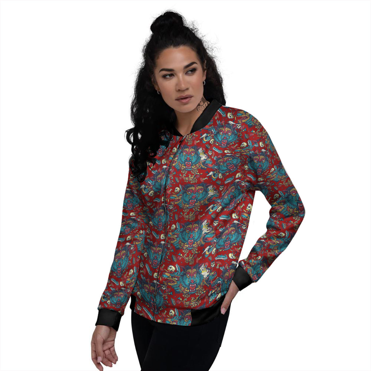 Abstract Wolf Fairy Tale Tattoo Print Pattern Women's Bomber Jacket-grizzshop