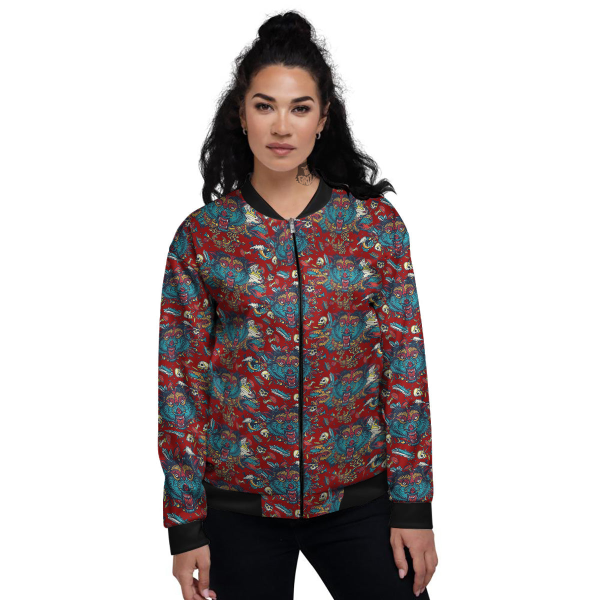 Abstract Wolf Fairy Tale Tattoo Print Pattern Women's Bomber Jacket-grizzshop