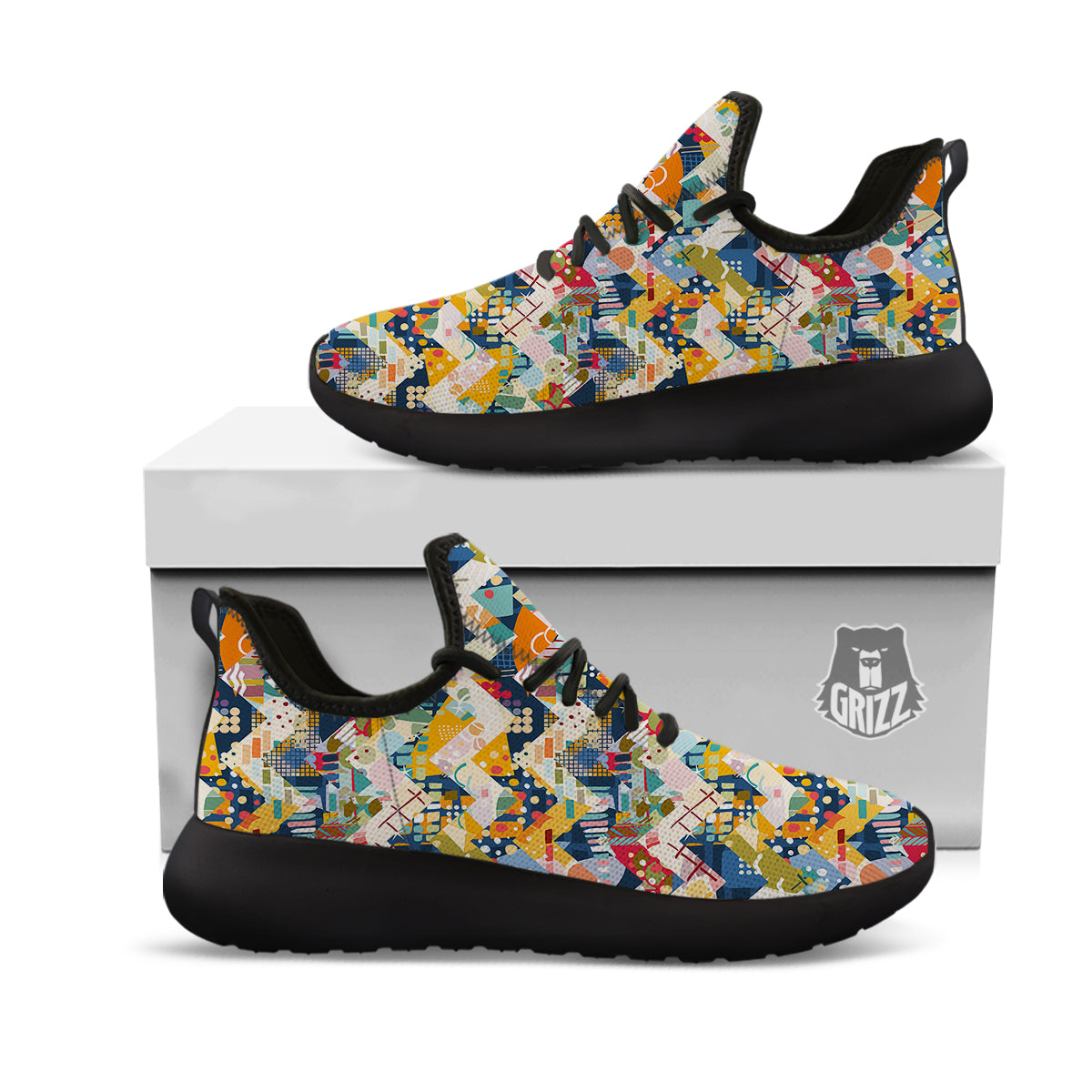 Abstract Zigzag Colorful Graffiti Style Print Pattern Black Athletic Shoes-grizzshop