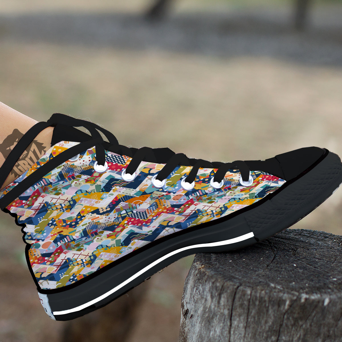 Abstract Zigzag Colorful Graffiti Style Print Pattern Black High Top Shoes-grizzshop