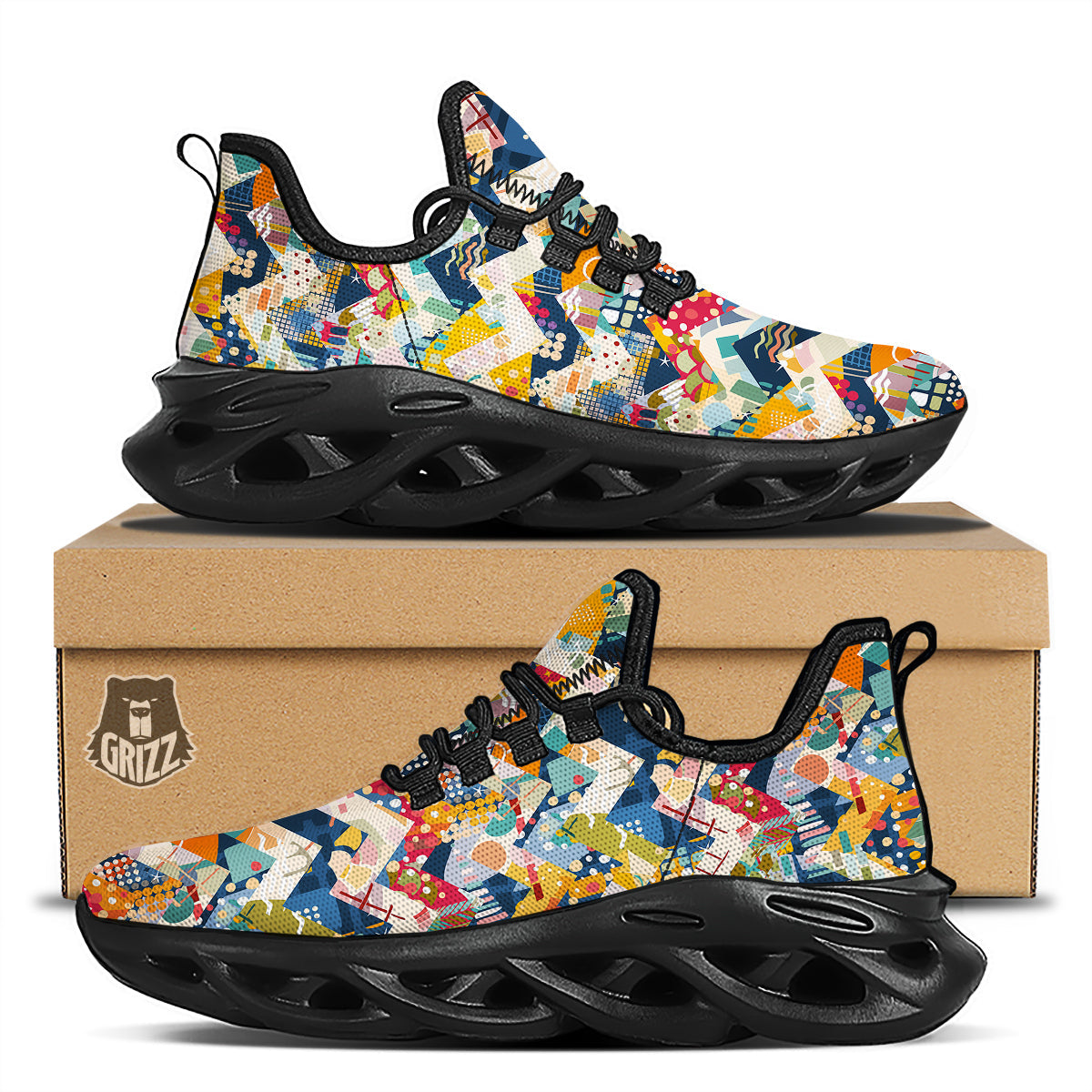 Abstract Zigzag Colorful Graffiti Style Print Pattern Black Running Shoes-grizzshop