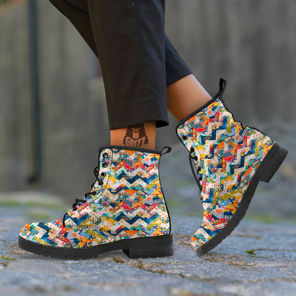 Abstract Zigzag Colorful Graffiti Style Print Pattern Leather Boots-grizzshop