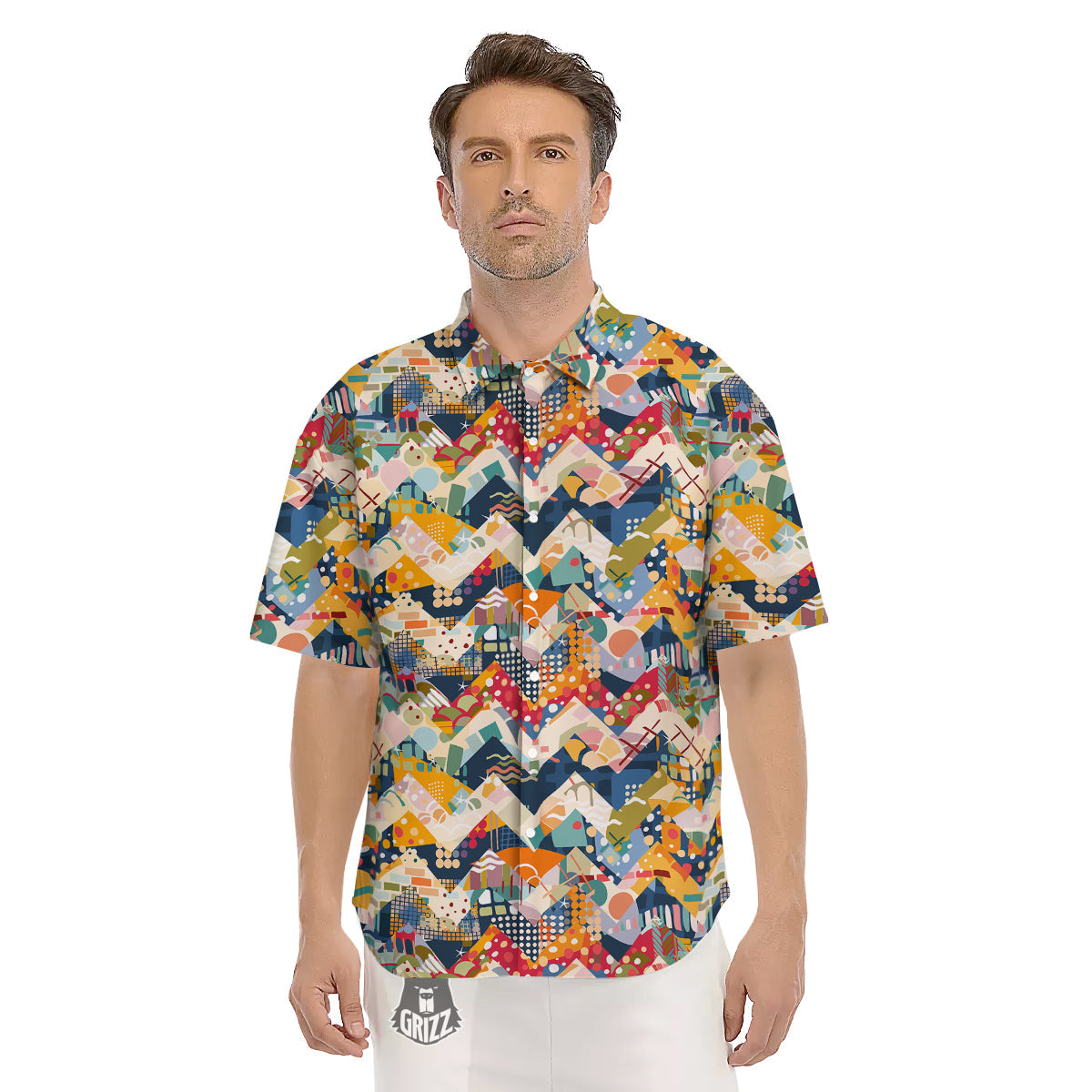 Abstract Zigzag Colorful Graffiti Style Print Pattern Men's Short Sleeve Shirts-grizzshop