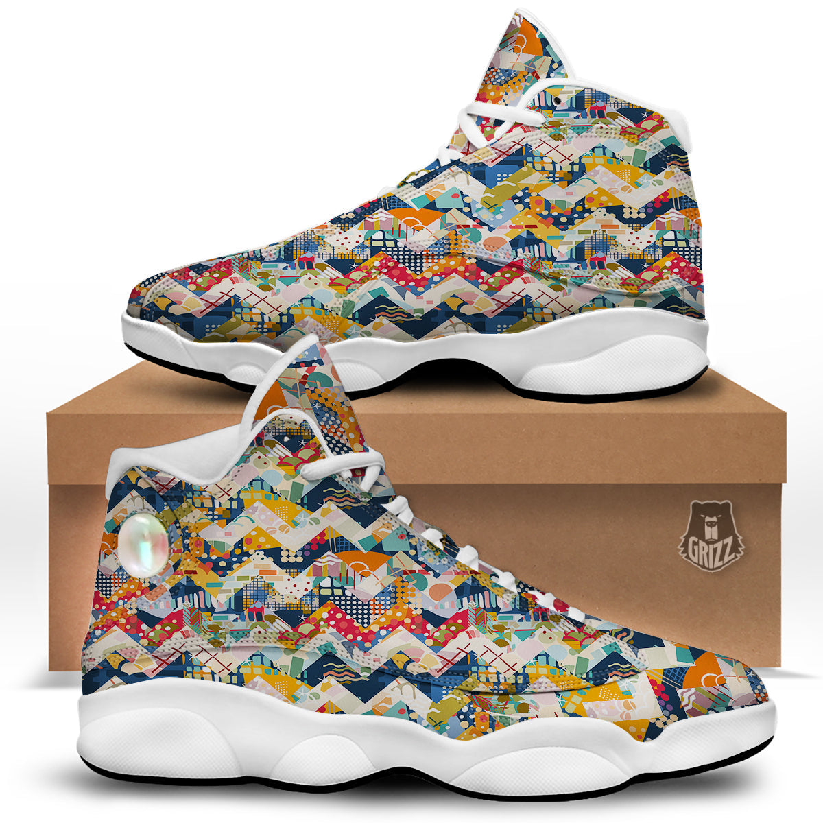 Abstract Zigzag Colorful Graffiti Style Print Pattern White Basketball Shoes-grizzshop
