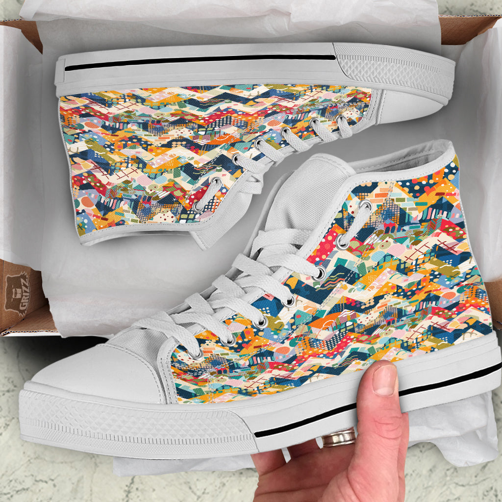 Abstract Zigzag Colorful Graffiti Style Print Pattern White High Top Shoes-grizzshop