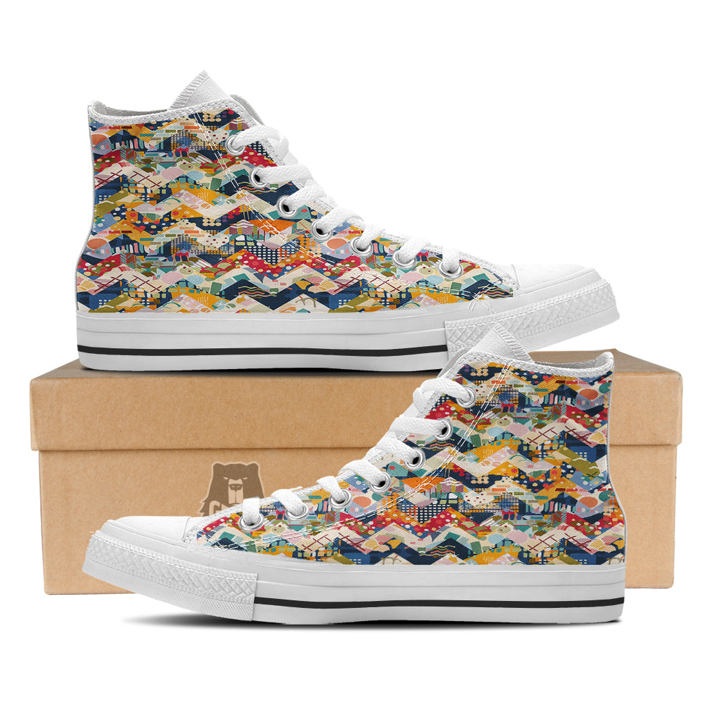 Abstract Zigzag Colorful Graffiti Style Print Pattern White High Top Shoes-grizzshop