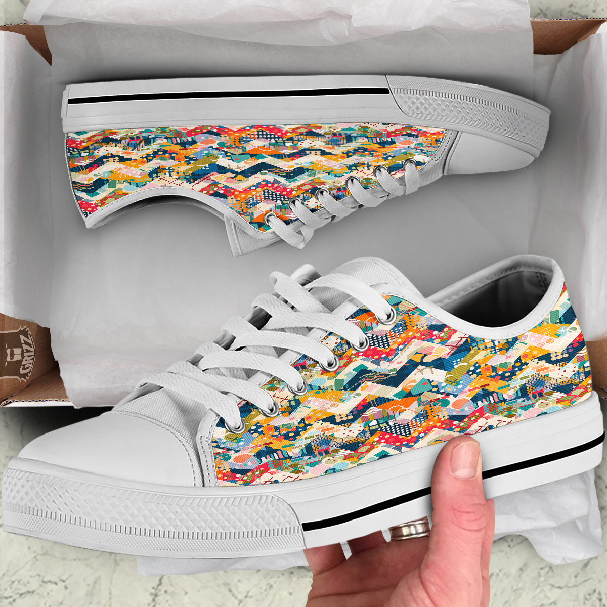 Abstract Zigzag Colorful Graffiti Style Print Pattern White Low Top Shoes-grizzshop