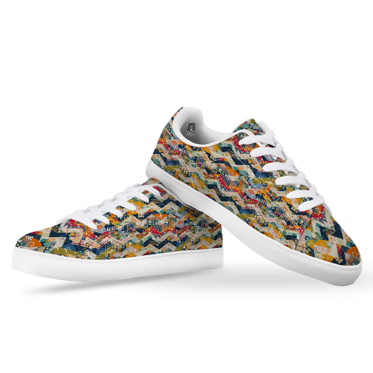 Abstract Zigzag Colorful Graffiti Style Print Pattern White Low Top Sneakers-grizzshop
