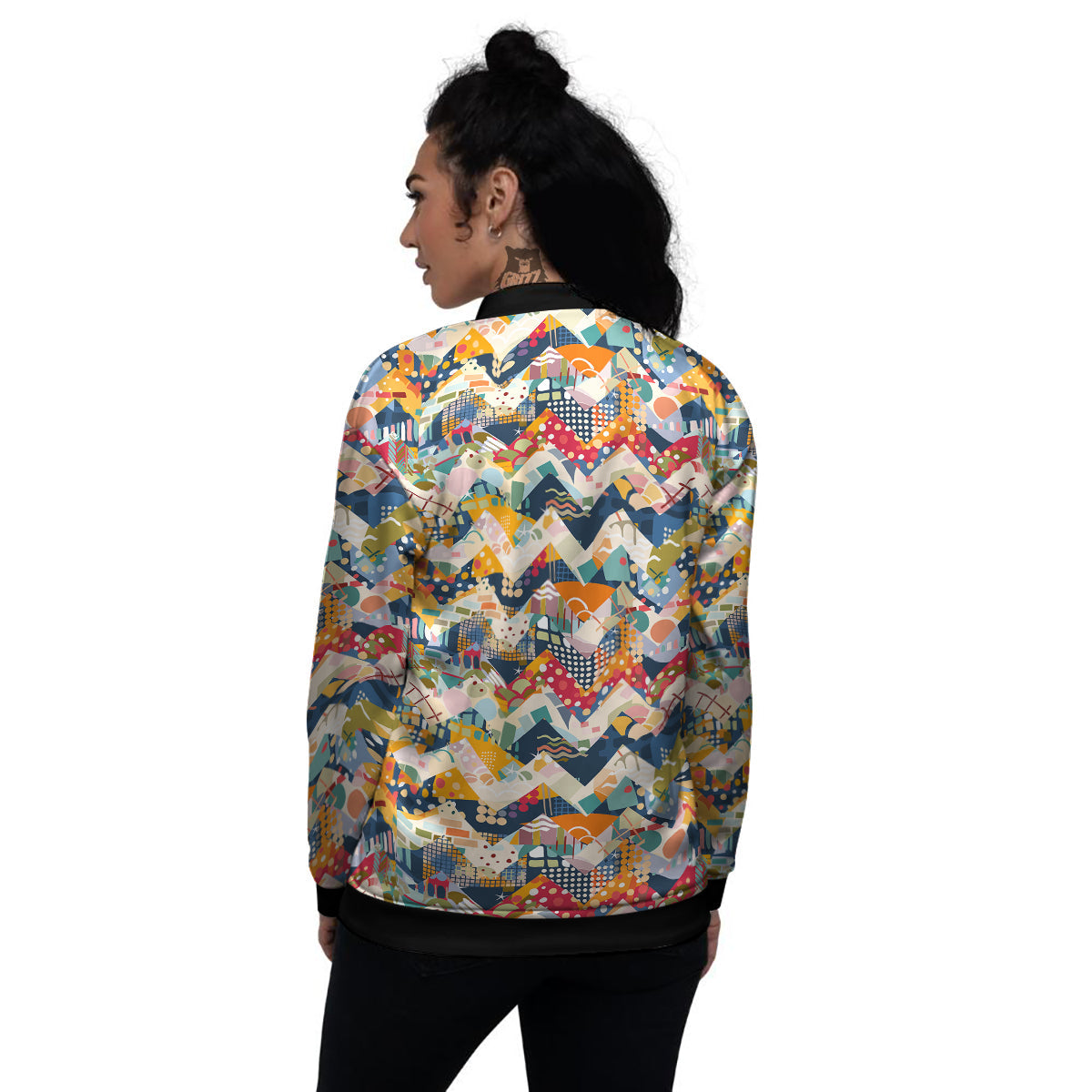 Abstract Zigzag Colorful Graffiti Style Print Pattern Women's Bomber Jacket-grizzshop