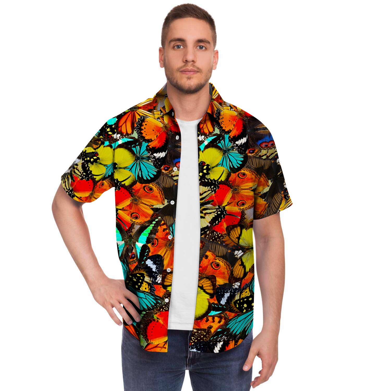 Abstract Colorful Butterfly Print Men's Short Sleeve Shirt-grizzshop