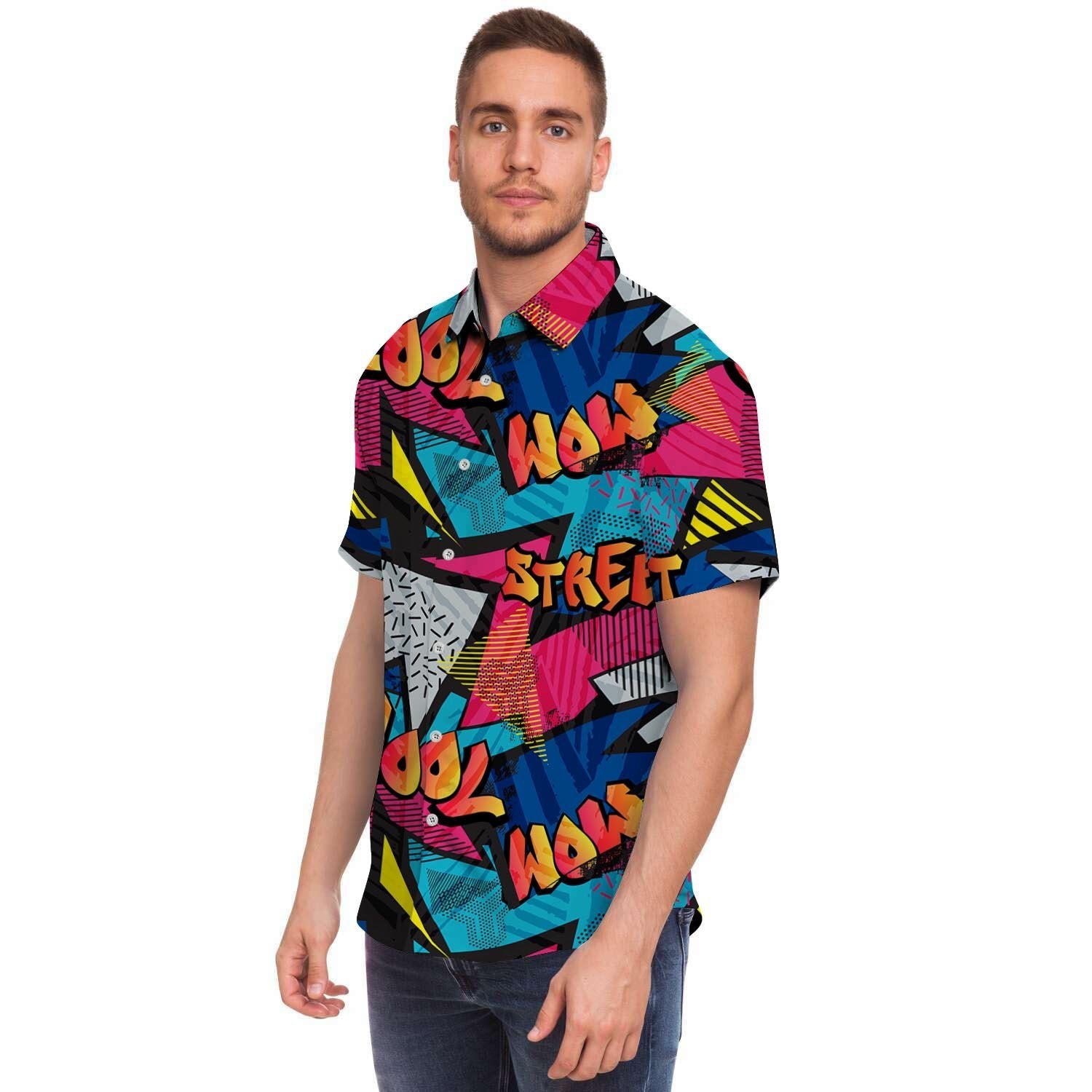Abstract Graffiti Wow Print Men's Short Sleeve Shirt-grizzshop