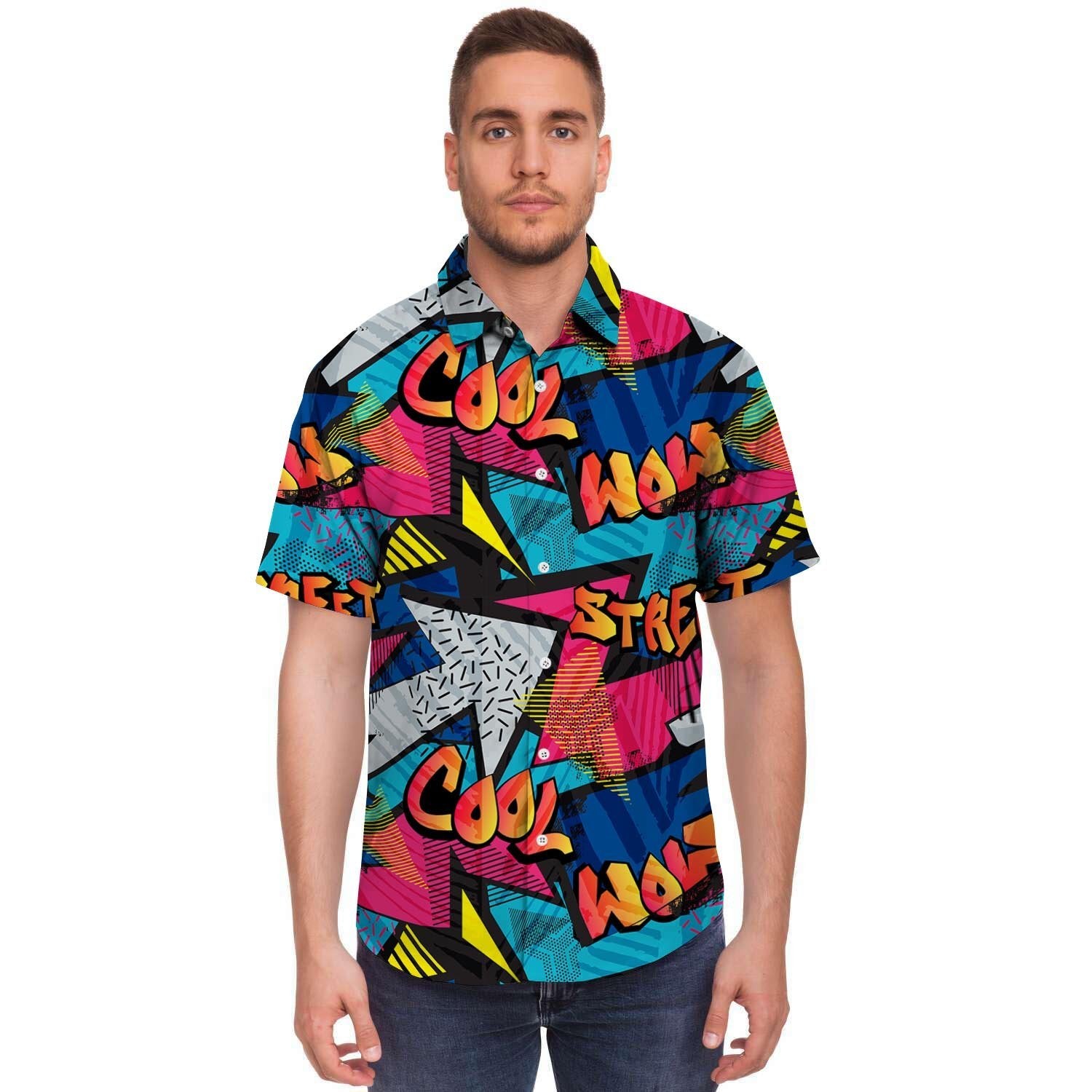 Abstract Graffiti Wow Print Men's Short Sleeve Shirt-grizzshop