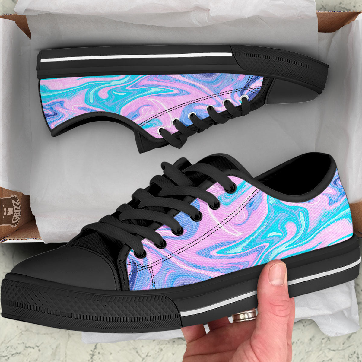 Acid Melt Blue And Pink Print Black Low Top Shoes-grizzshop