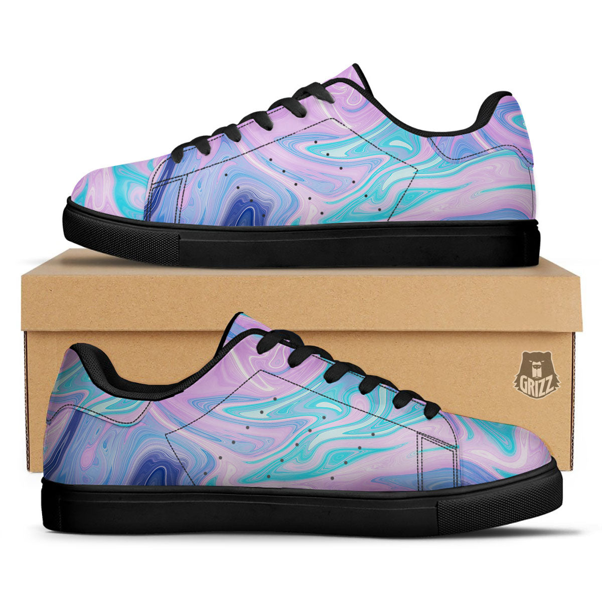Acid Melt Blue And Pink Print Black Low Top Sneakers-grizzshop