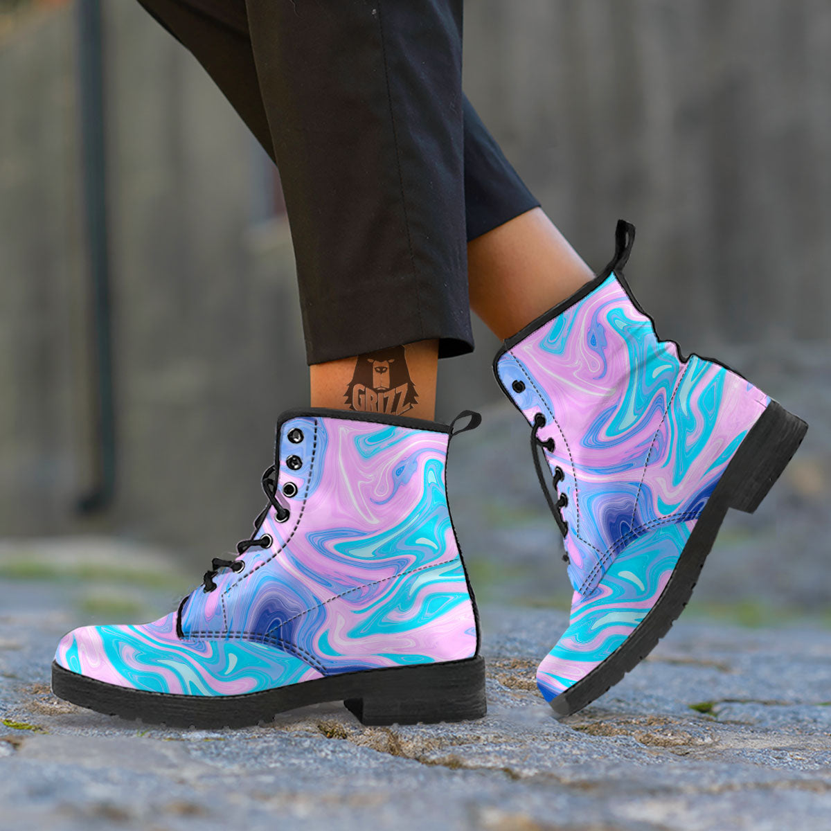 Acid Melt Blue And Pink Print Leather Boots-grizzshop