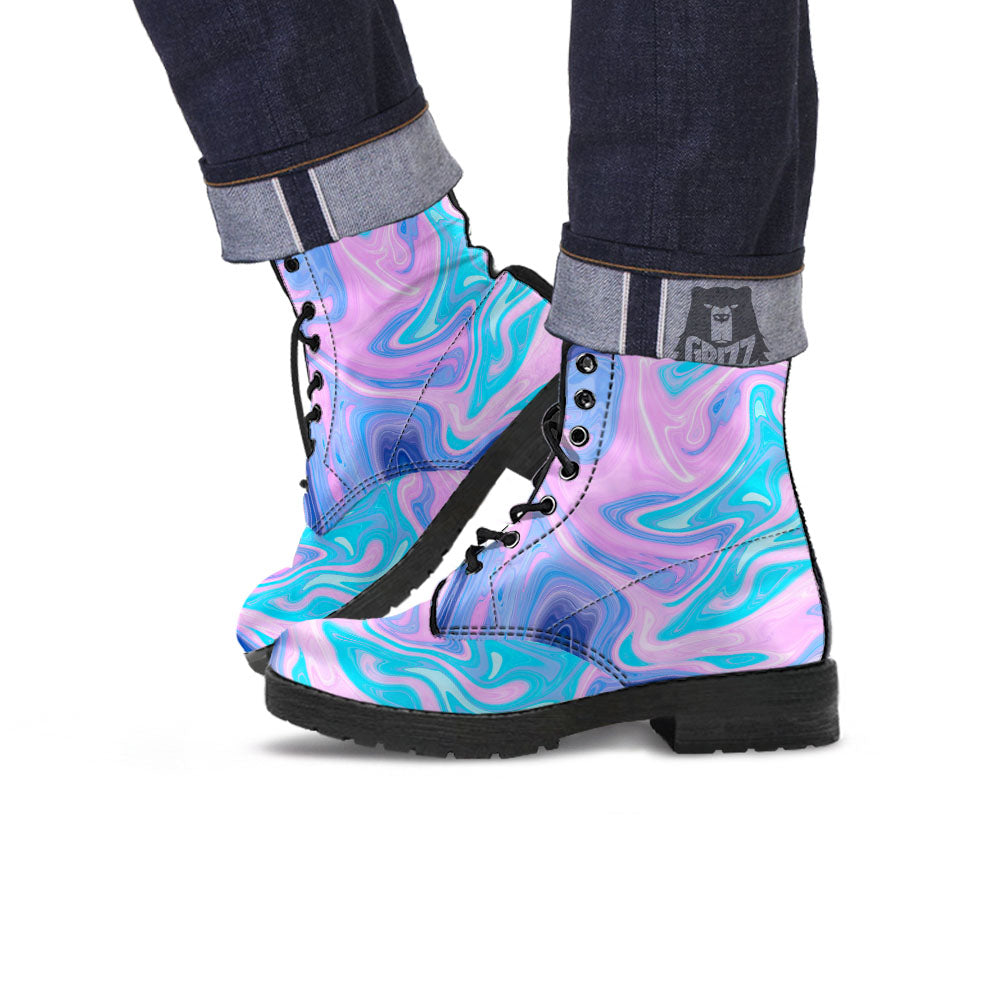 Acid Melt Blue And Pink Print Leather Boots-grizzshop