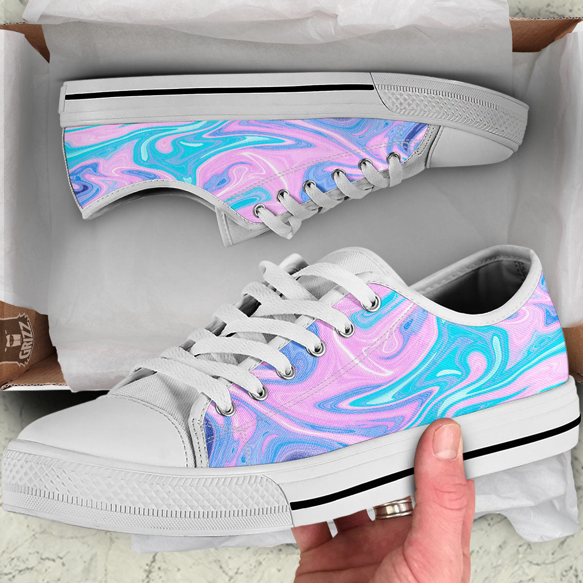 Acid Melt Blue And Pink Print White Low Top Shoes-grizzshop