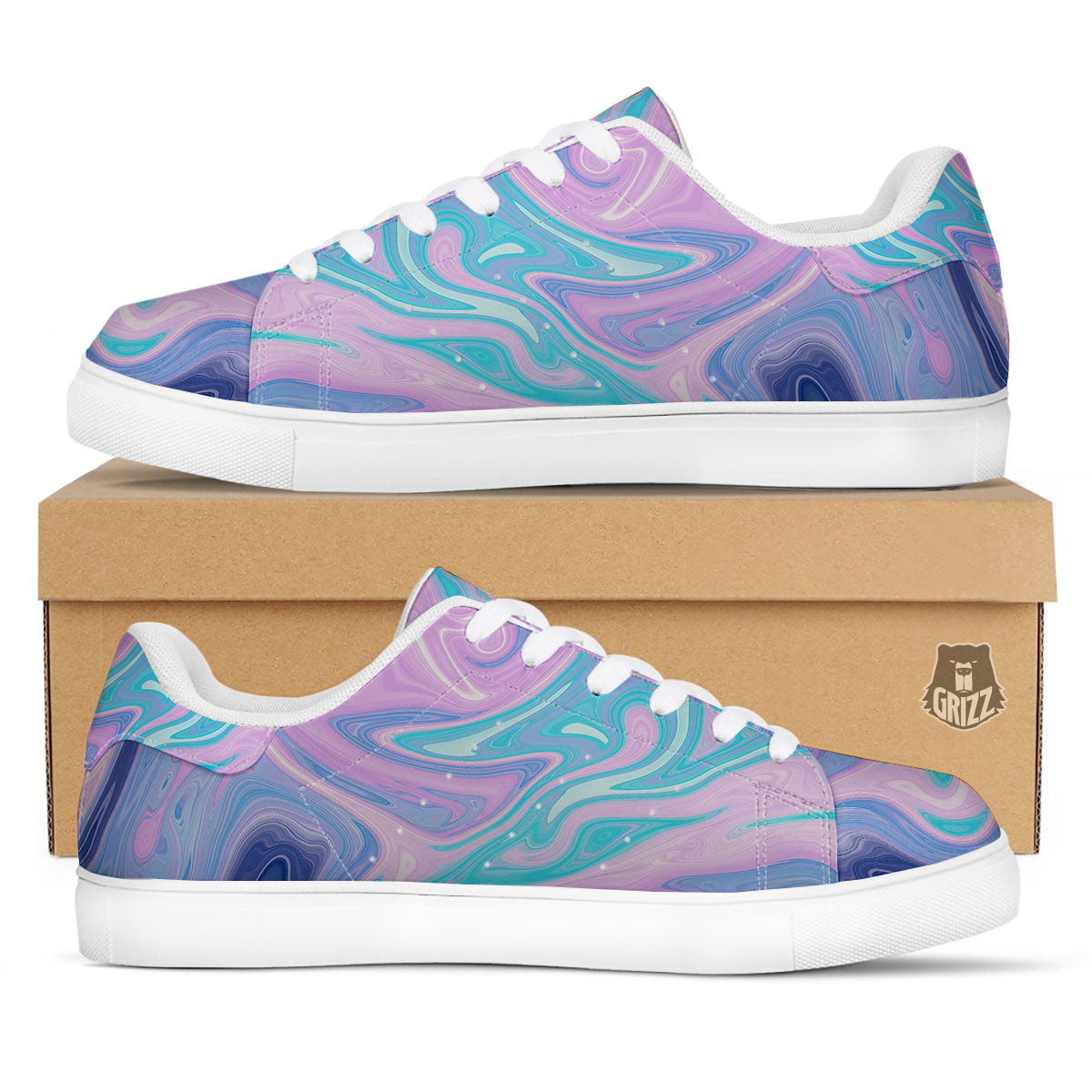 Acid Melt Blue And Pink Print White Low Top Sneakers-grizzshop