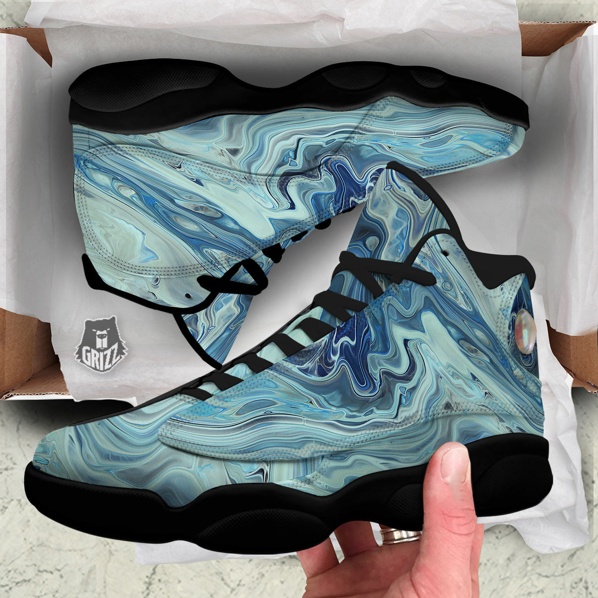 Acid Melt Blue Ocean Print Black Basketball Shoes-grizzshop