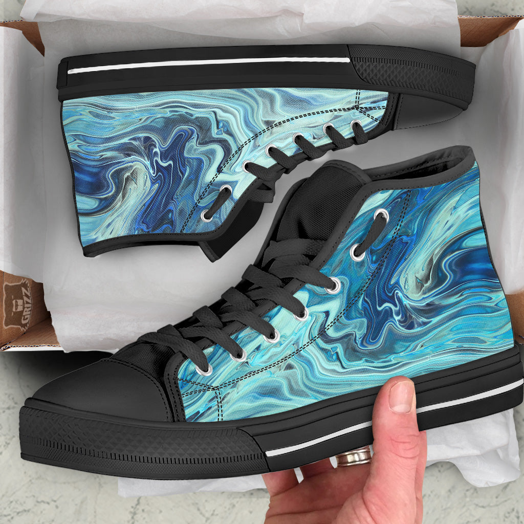 Acid Melt Blue Ocean Print Black High Top Shoes-grizzshop