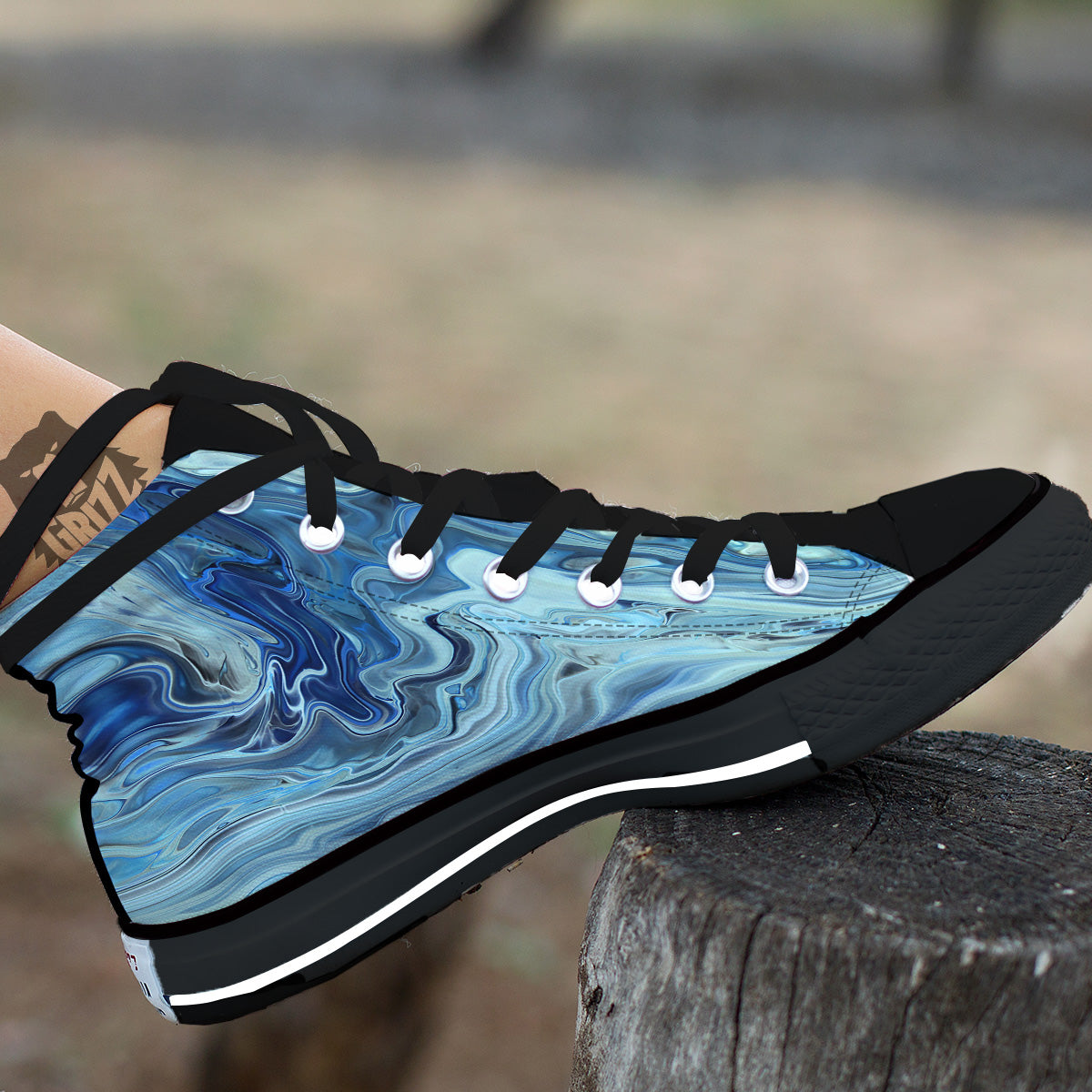 Acid Melt Blue Ocean Print Black High Top Shoes-grizzshop