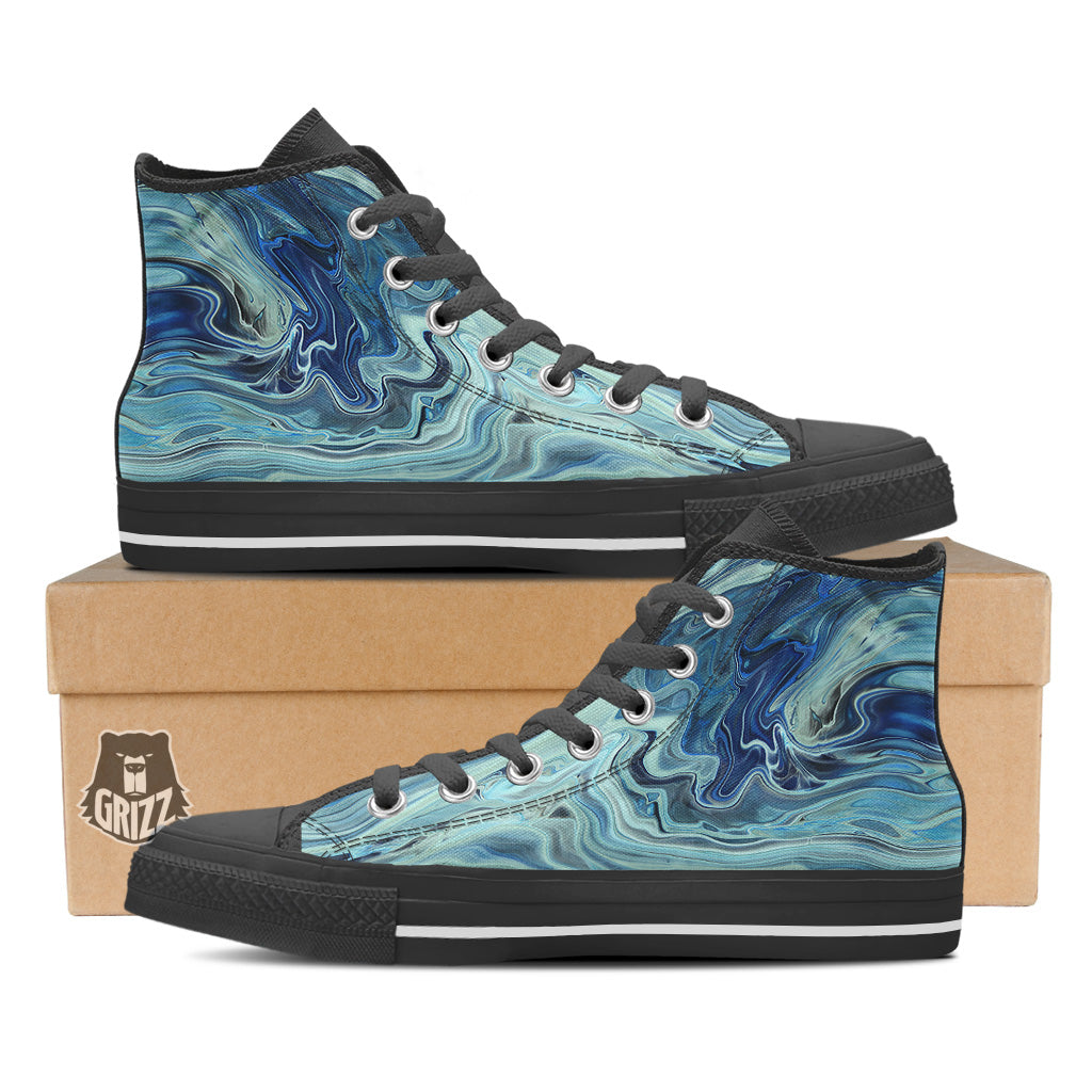 Acid Melt Blue Ocean Print Black High Top Shoes-grizzshop