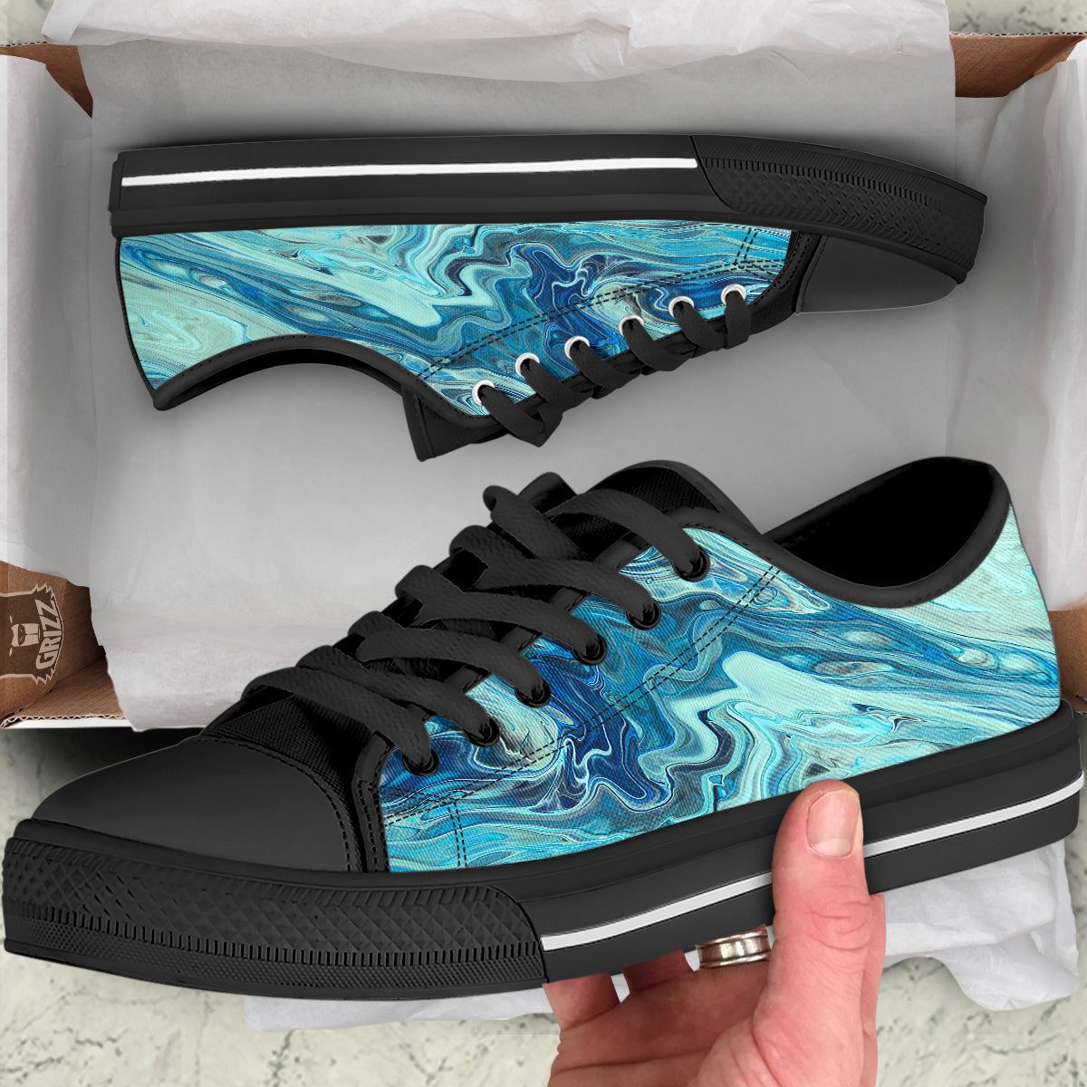 Acid Melt Blue Ocean Print Black Low Top Shoes-grizzshop