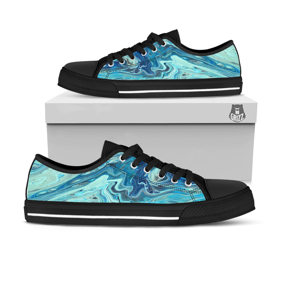 Acid Melt Blue Ocean Print Black Low Top Shoes-grizzshop