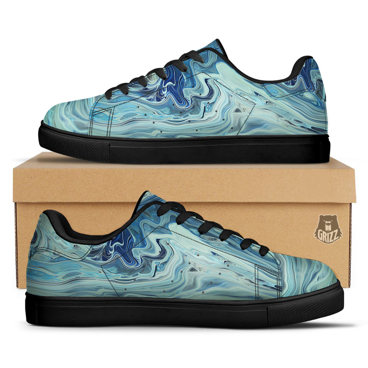 Acid Melt Blue Ocean Print Black Low Top Sneakers-grizzshop